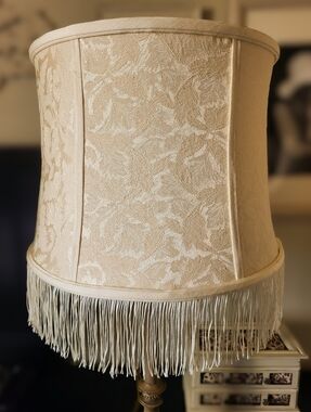 Vintage Imperial Shade Lamp Co. Fringe Drum Lampshade Cream Damask Mid Century